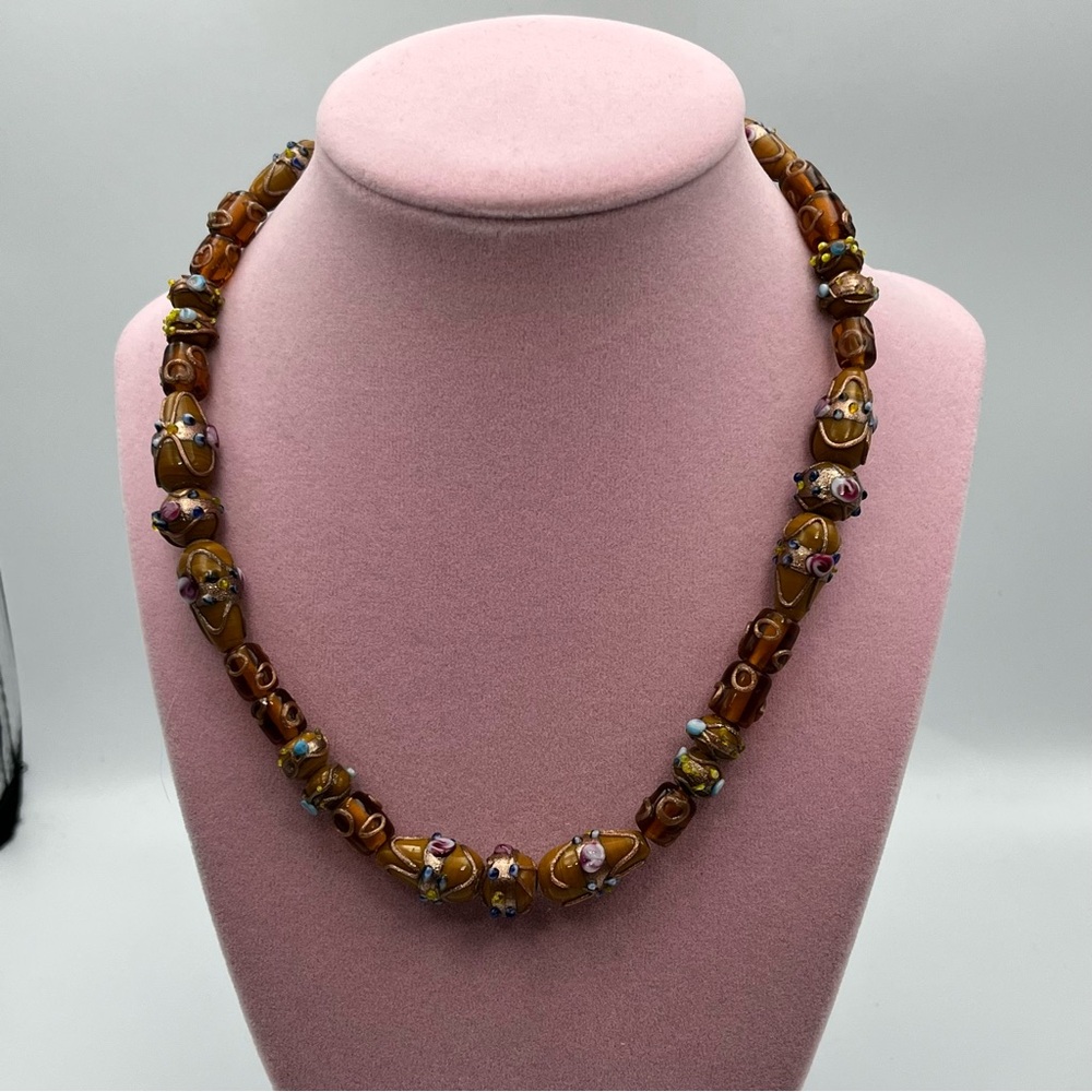 Brown Venetian Murano Glass Necklace Handmade 3D Bead Design